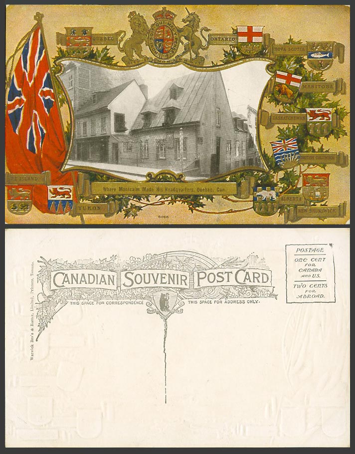 Canada Old Postcard General Montcalm Headquarters House Quebec Flag Coat of Arms