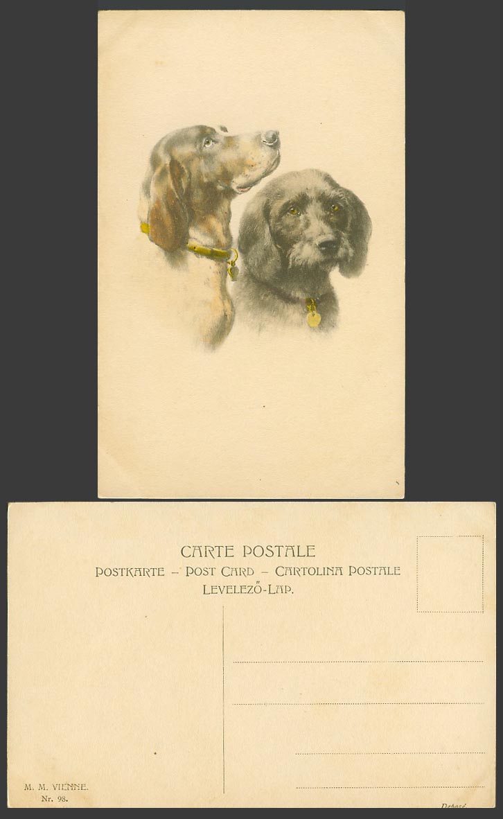 2 Dogs Puppies wearing Dog Collars, Art Artist Drawn Old Postcard M.M. Vienne 98