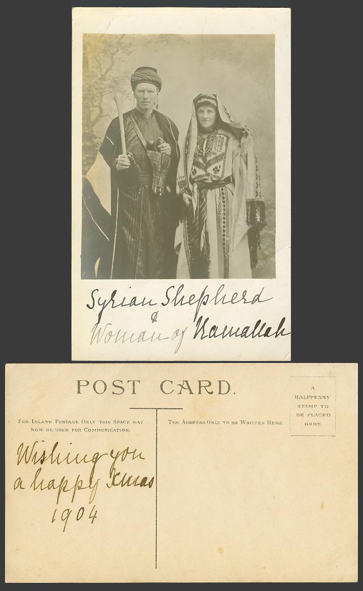 Syria 1904 Old Real Photo Postcard Syrian Shepherd & Woman of Ramallah Costumes