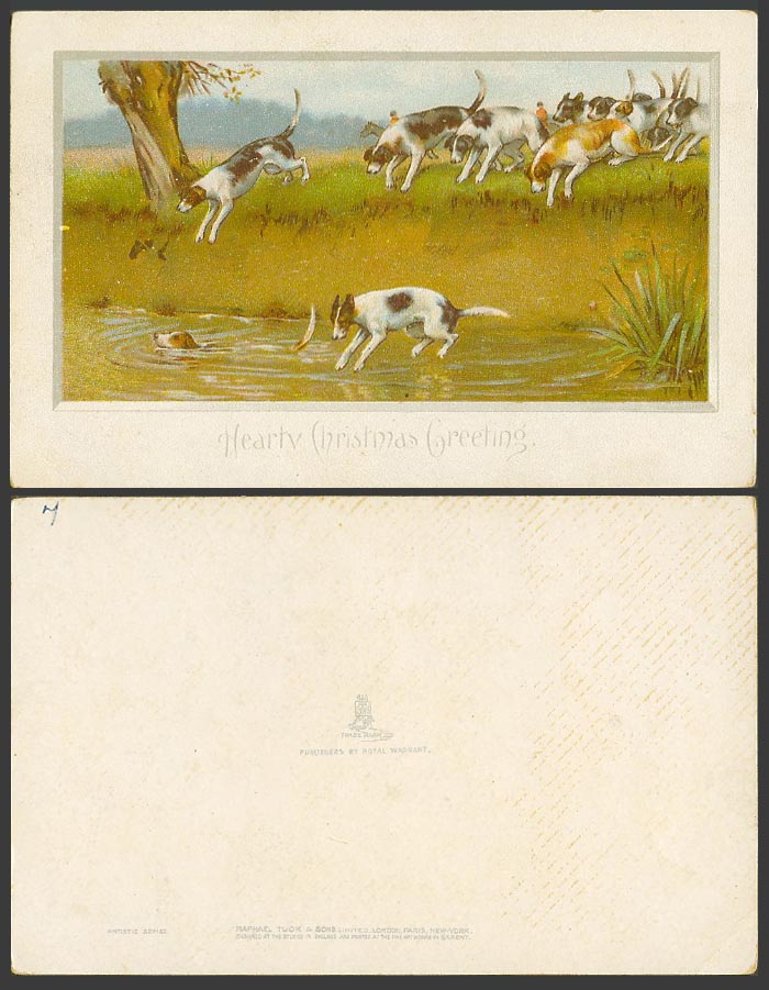 Hunting Dogs Dog Puppy Bathing in River Hearty Christmas Greeting Tucks Old Card