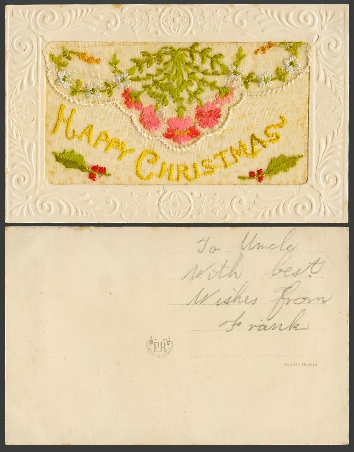 WW1 SILK Embroidered Old Postcard Happy Christmas Flowers Holly and Empty Wallet
