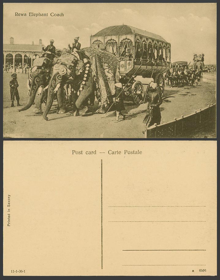 India Old Postcard REWA ELEPHANT COACH Decorated Elephants Street Procession Men
