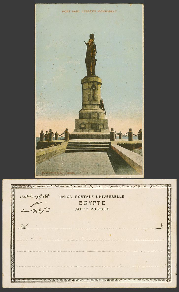 Egypt Old Colour Postcard Port Said Monument Ferdinand Lesseps Statue Breakwater