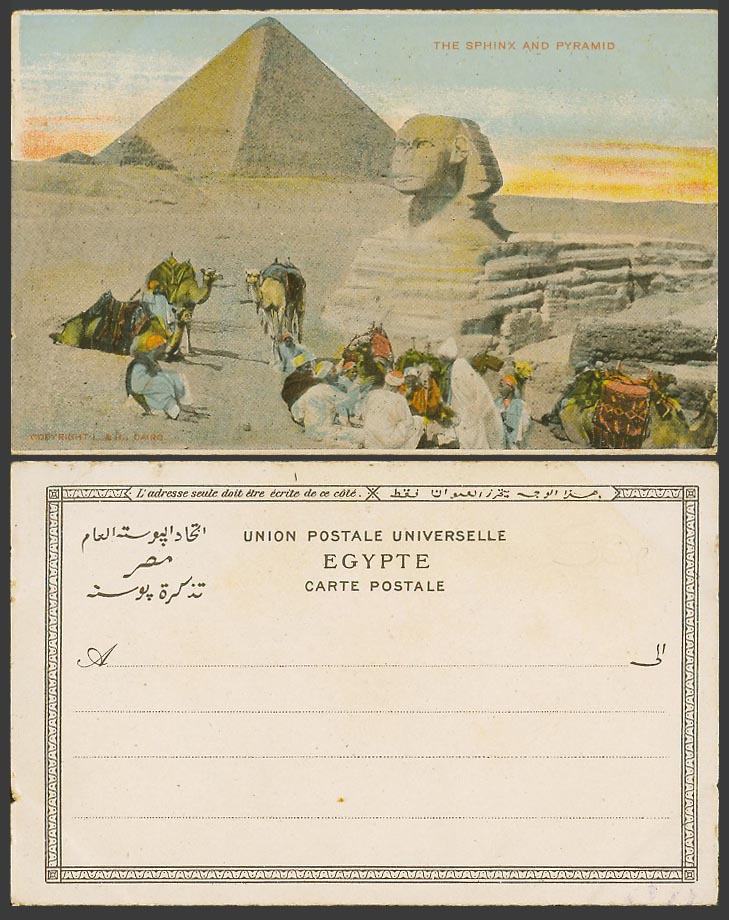 Egypt Old Colour UB Postcard Cairo The Sphinx and Pyramid Camels Men Rest Desert