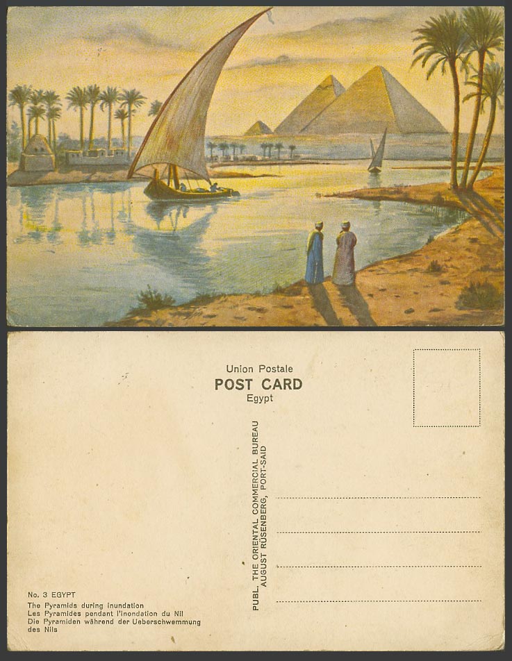 Egypt Art Drawn Old Postcard Cairo Pyramids Giza During Inundation Sailing Boats