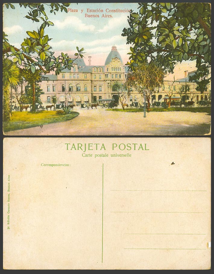 Argentina Old Colour Postcard Buenos Aires Plaza y Estacion Constitucion Station