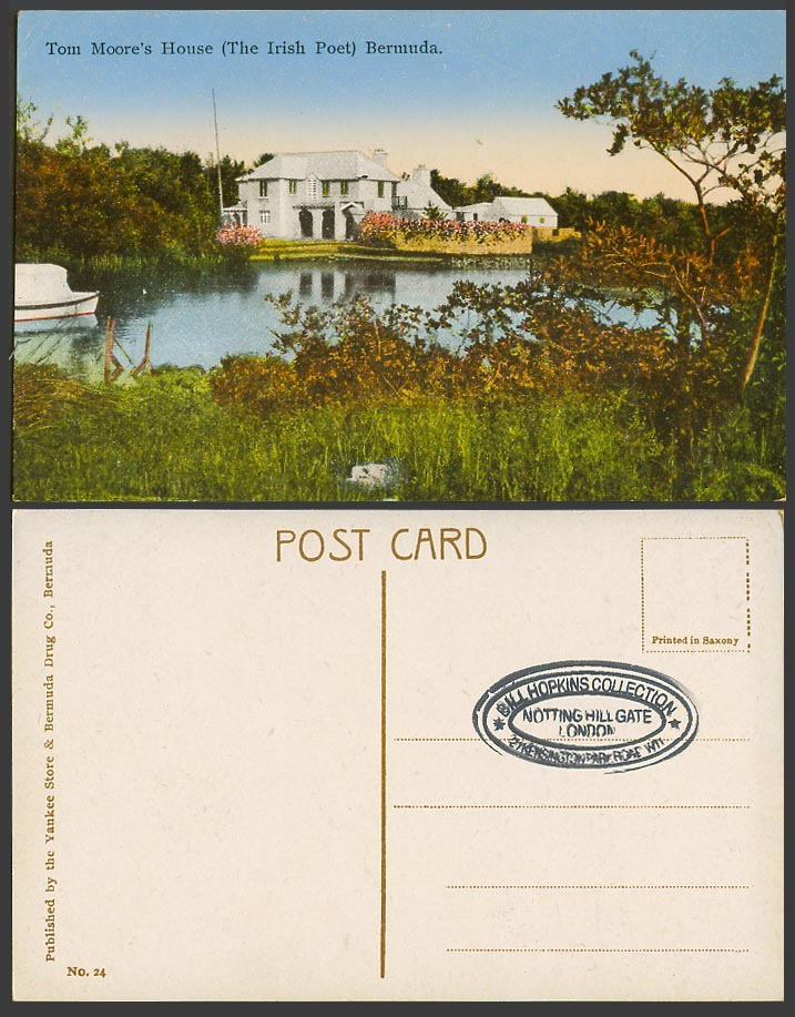 Bermuda Old Colour Postcard Tom Moore's House, The Irish Poet from Ireland, Lake