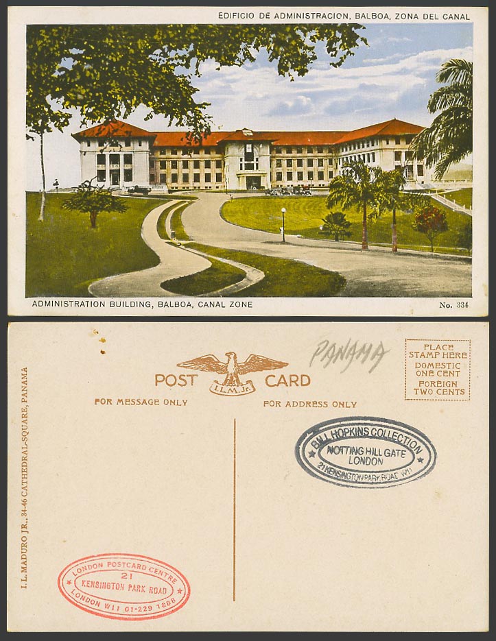 Panama Canal Zone Old Colour Postcard Balboa Administration Building, Motor Cars