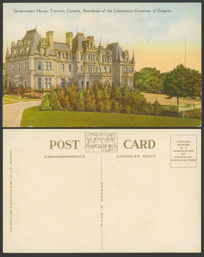 Canada Old Postcard Government House Toronto Res. of Lieutenant Governor Ontario