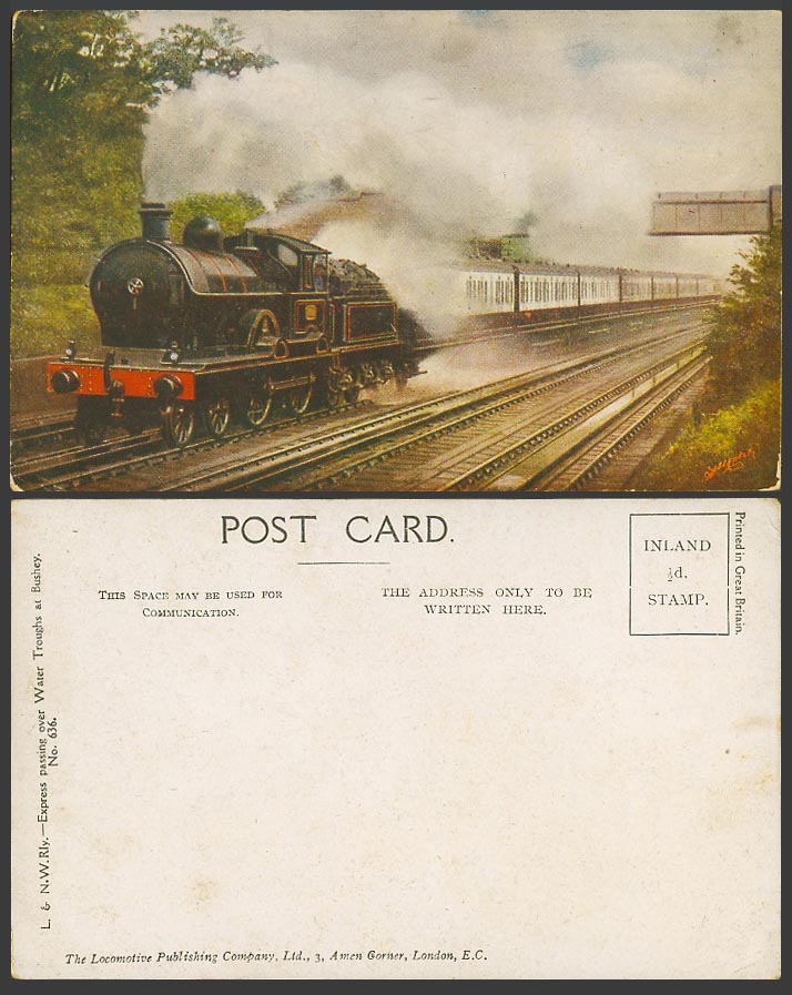 L.&N.W. Railway Express pass Water Troughs, Bushey Locomotive Train Old Postcard