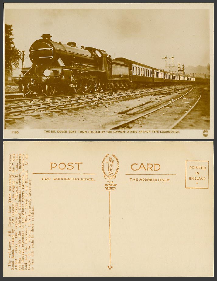 S.R. Dover Boat Train, Sir Gawain King Arthur Type Locomotive Old Photo Postcard