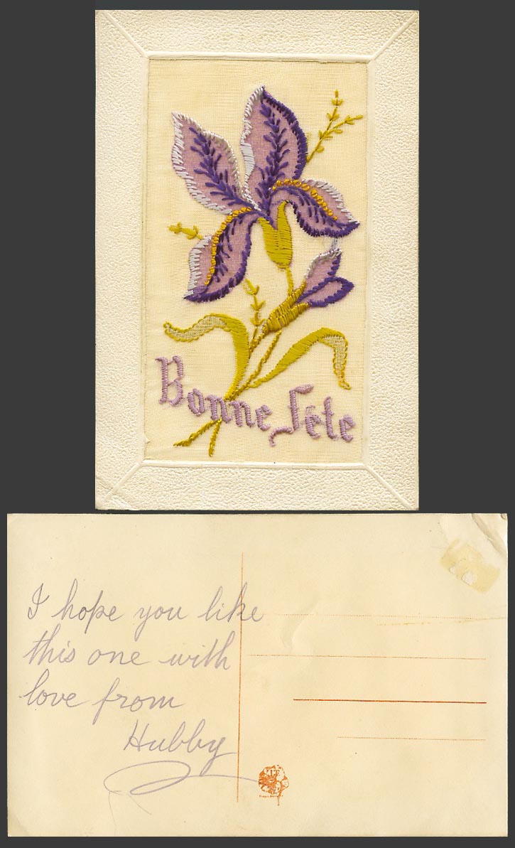 WW1 SILK Embroidered Old Postcard Iris Flower Flowers, Bonne Fete Happy Birthday