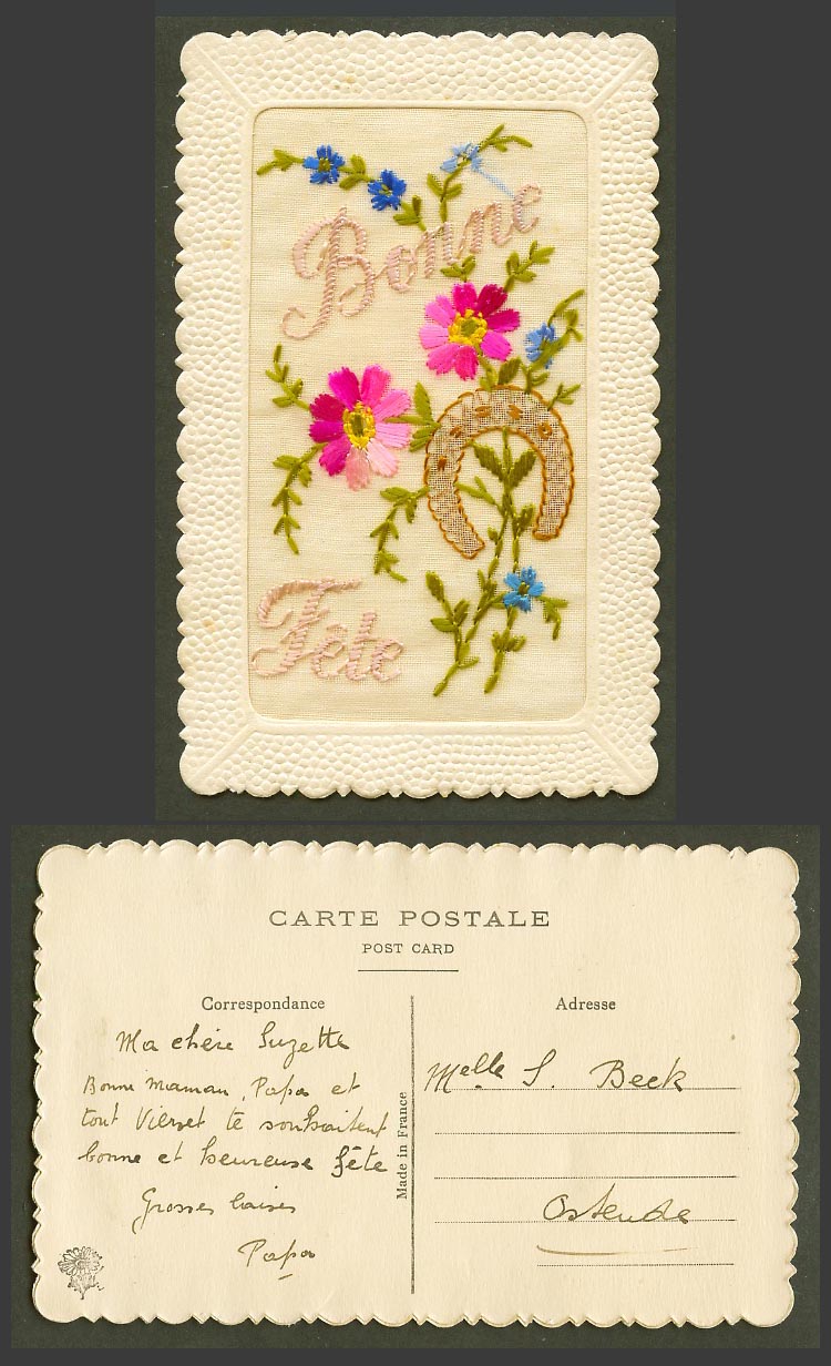 WW1 SILK Embroidered Old Postcard Bonne Fete Happy Birthday, Horseshoe, Flowers