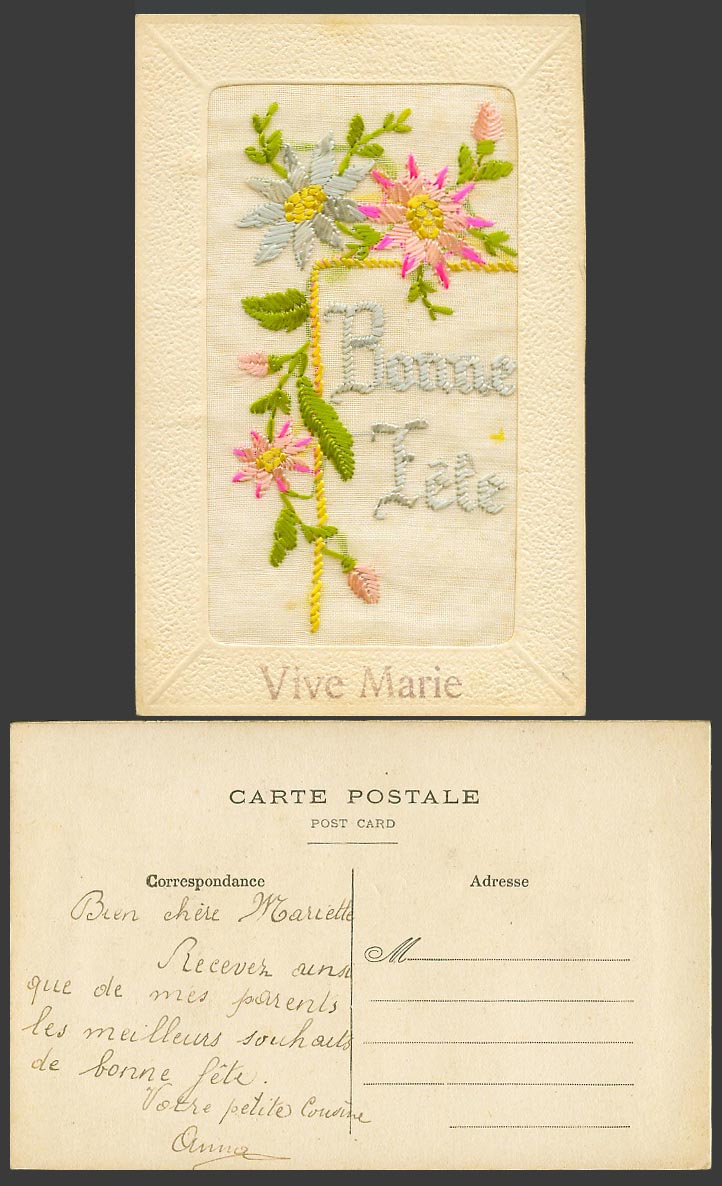 WW1 SILK Embroidered Old Postcard Bonne Fete Happy Birthday, Vive Marie, Flowers
