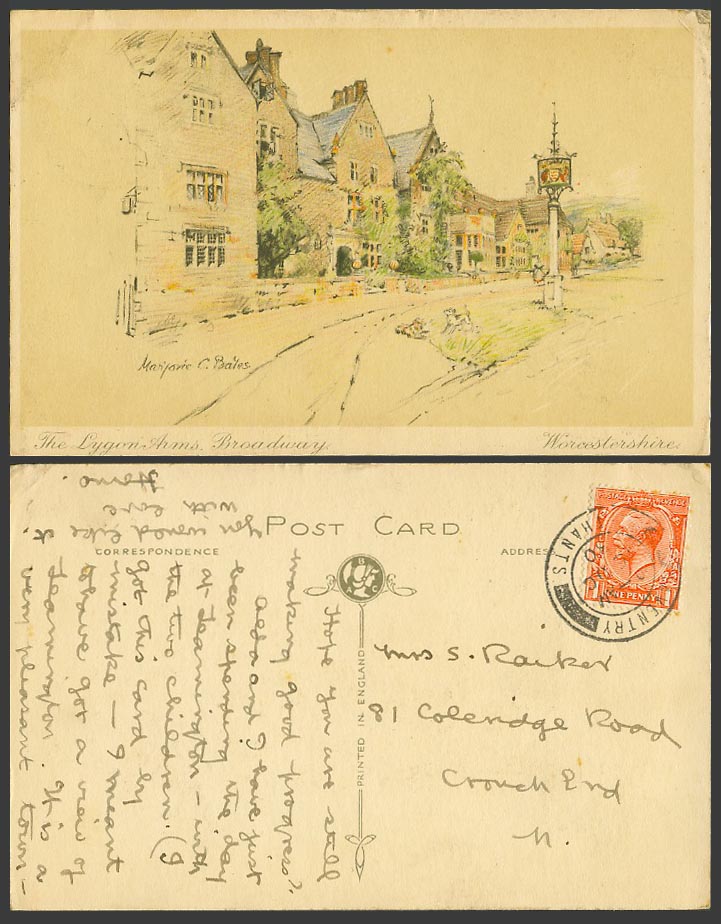 Lygon Arms Broadway Worcestershire Marjorie C. Bates Artist Signed 1930 Postcard