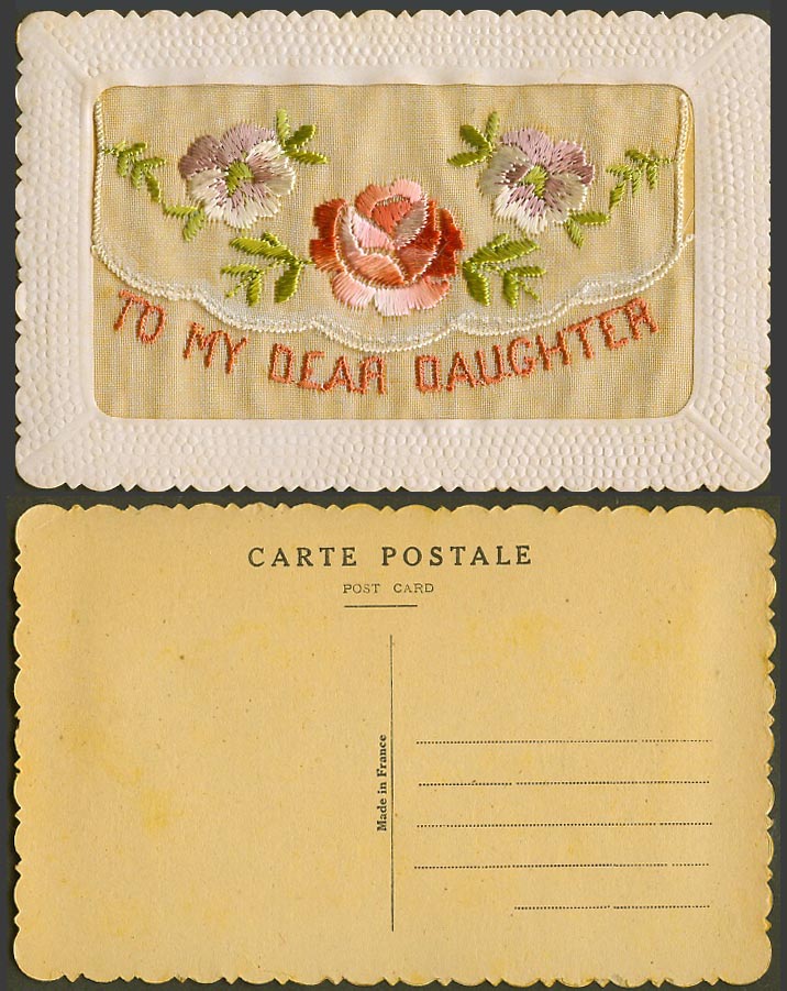 WW1 SILK Embroidered Old Postcard To My Dear Daughter Flowers, with Empty Wallet