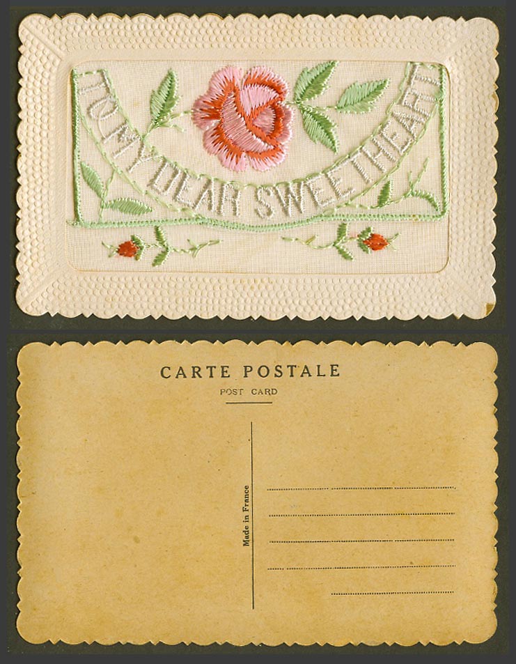 WW1 SILK Embroidered Old Postcard To My Dear Sweetheart, Flowers, Empty Wallet