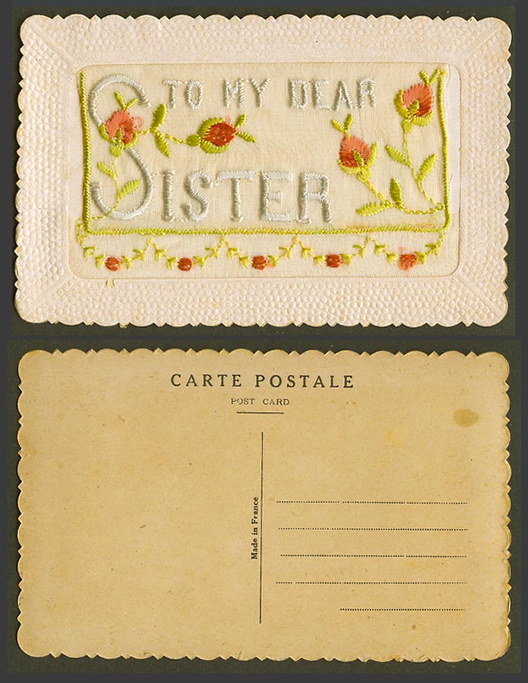 WW1 SILK Embroidered French Old Postcard To My Dear Sister Flowers, Empty Wallet