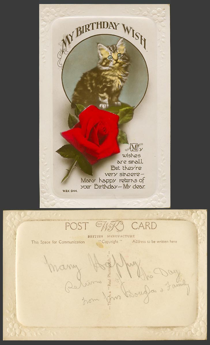 Cat Kitten, Red Rose Flower My Birthday Wish Greetings Old Embossed Postcard W&K
