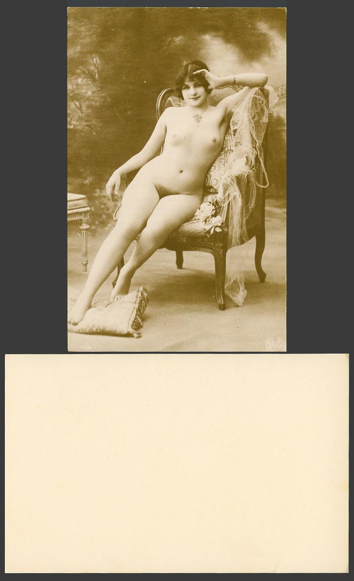 Erotic Glamour Lady Glamorous Woman Girl Sit on Antique Chair Early Repro. Card