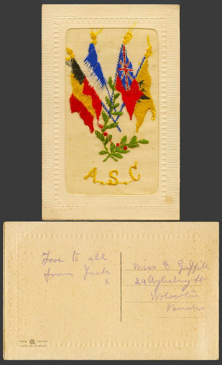 WW1 SILK Embroidered Old Postcard A.S.C. Army Service Corps Military Flags Holly