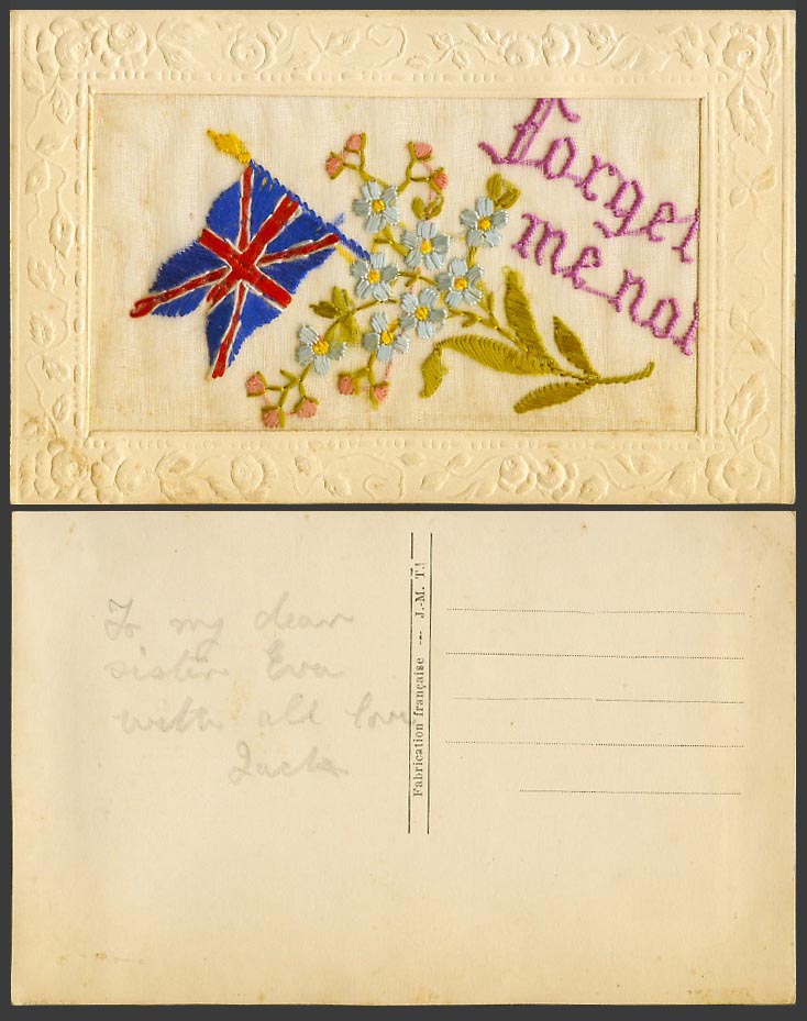 WW1 SILK Embroidered French Old Postcard Forget Me Not Blue Flowers British Flag