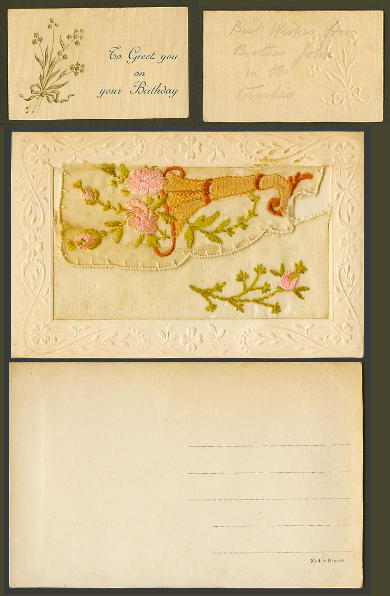 WW1 SILK Embroidered Old Postcard To Greet You on Your Birthday, Flowers, Wallet