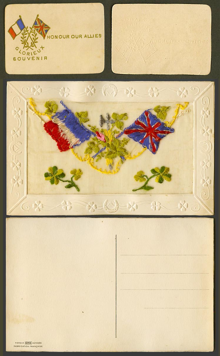 WW1 SILK Embroidered Old Postcard Honour Our Allies Glorieux Souvenir Flags, EME