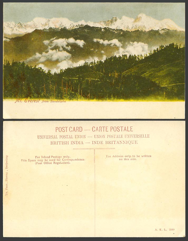 India Tibet Old Colour Postcard Mt. EVEREST from Sandakphu Snowy Mountain Clouds