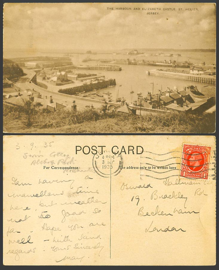 Jersey 1935 Old Postcard The Harbour and Elizabeth Castle St. Helier Boats Ships
