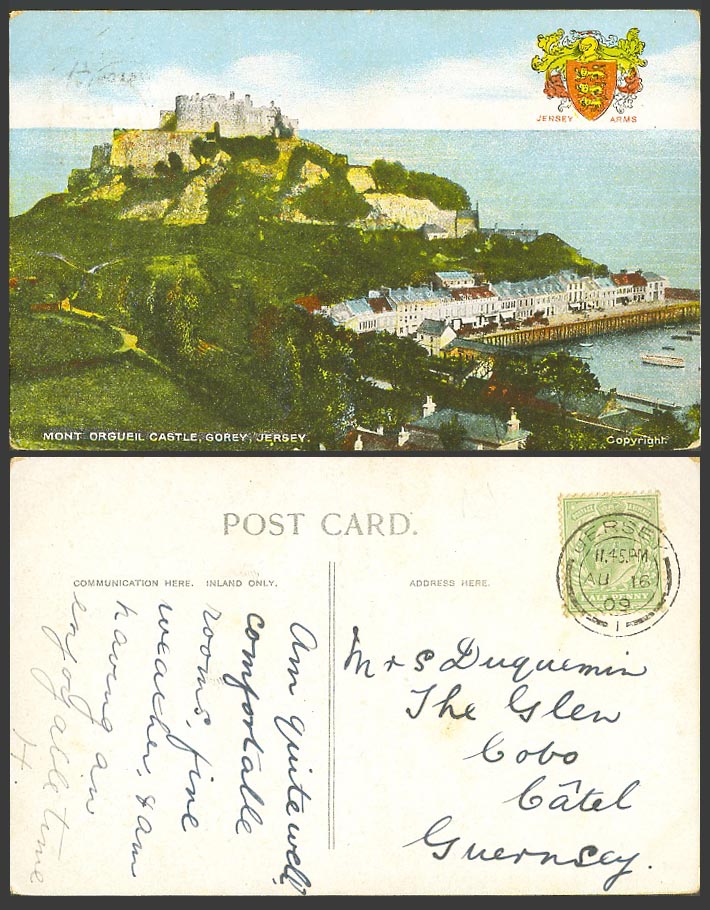Jersey Arms 1909 Old Color Postcard Mont Orgueil Castle Gorey Harbour Boats Hill