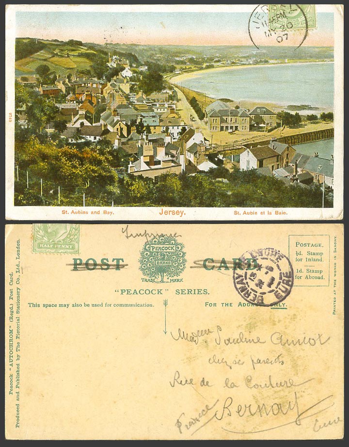 Jersey 1907 Old Colour Postcard St. Aubins and Bay Beach, Street Scene, Panorama
