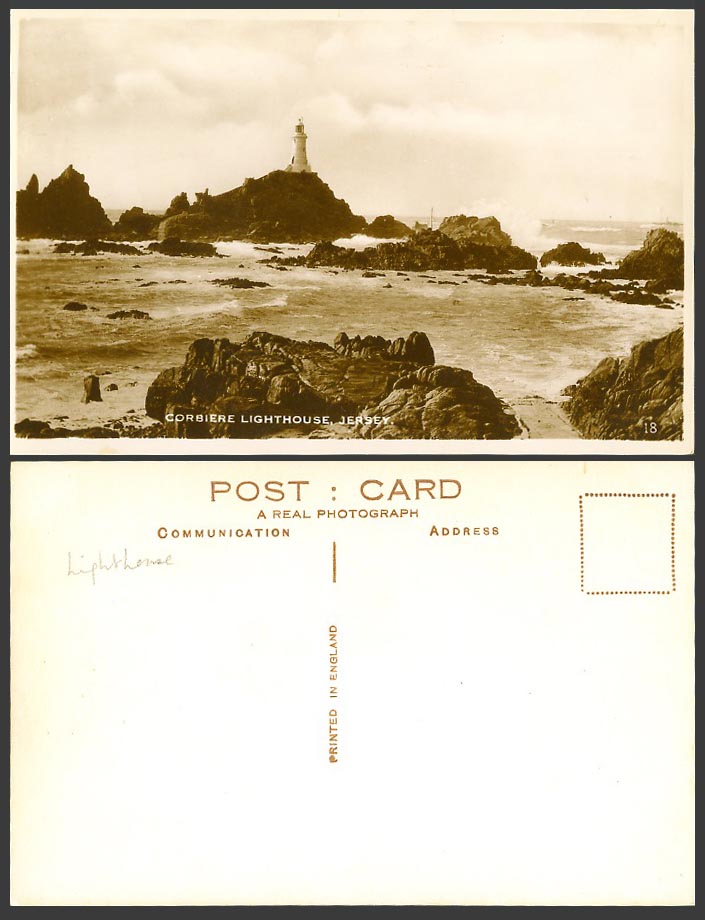 Jersey Old Real Photo Postcard La Corbiere Lighthouse Rough Sea and Rocks No. 18