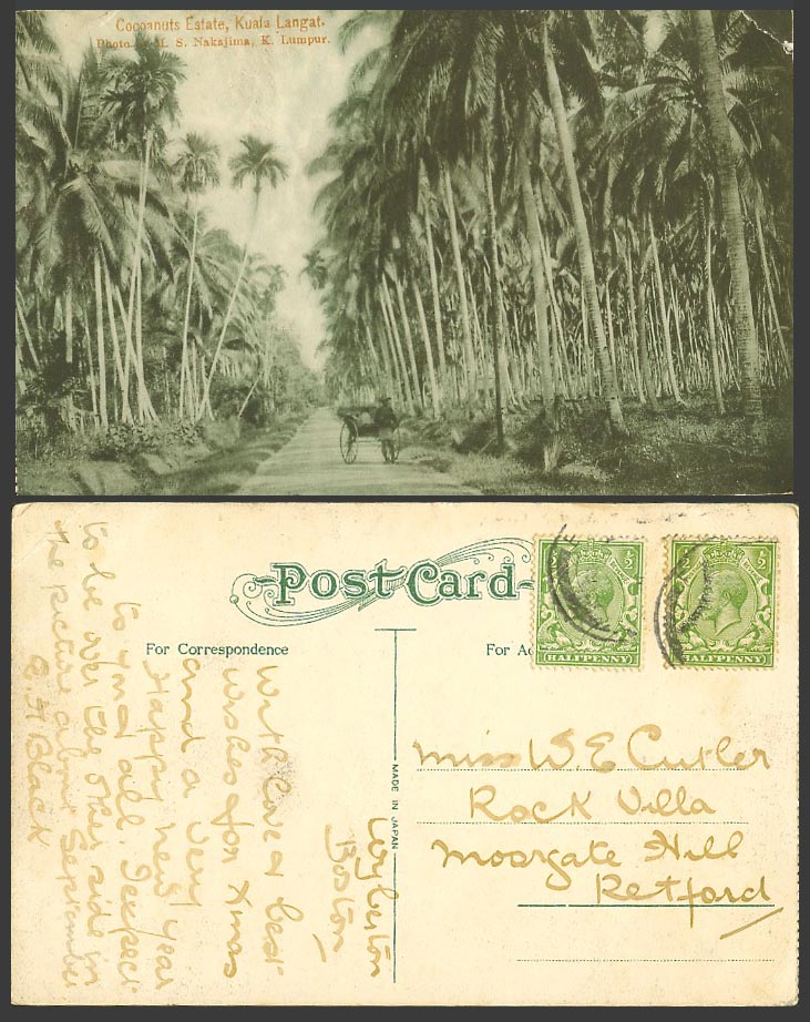 Selangor Kuala Langat Cocoanuts Estate Rickshaw Coolie, GB KG5 1/2d Old Postcard