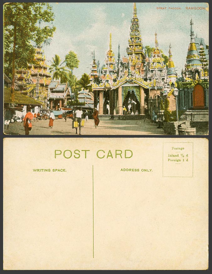 Burma Old Colour Postcard Great Pagoda, Rangoon, Burmese Temples, Street Scene