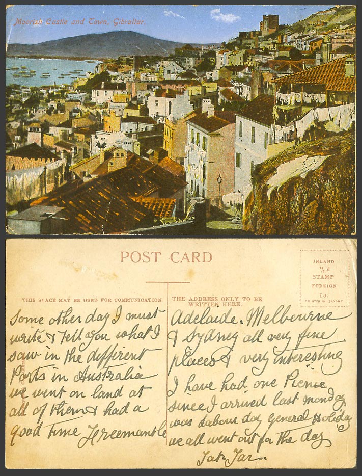 Gibraltar Old Colour Postcard Moorish Castle and Town, Houses Buildings Panorama