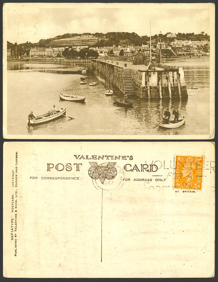 Jersey 1947 Old Postcard The Jetty, St. Aubins, Harbour Man Rowing Boats Boating
