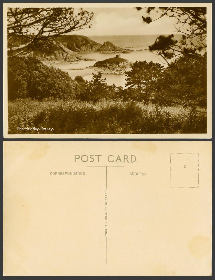 Jersey Old Real Photo Postcard Portelet Bay, Round Tower on Small Isle, Panorama