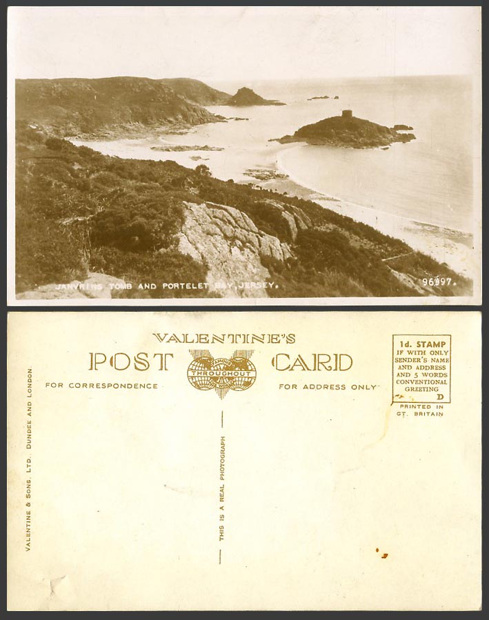 Jersey Old RP Postcard Janvrin's Tomb Tower Portelet Bay, Rocks, Beach Panorama