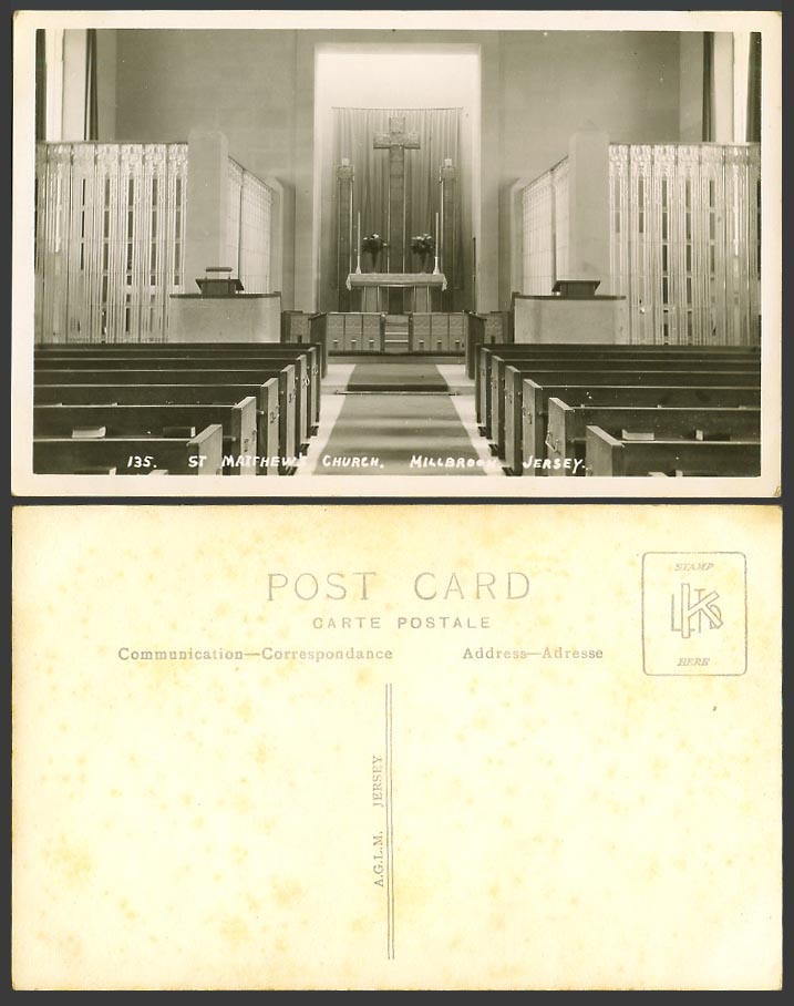 Jersey Old Real Photo Postcard St Matthew Church Interior Millbrook Cross Cancel