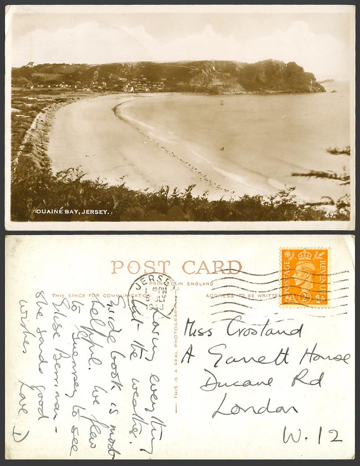 Jersey KG6 2d 1948 Old Real Photo Postcard Quaine Bay, Beach Seaside Panorama 67