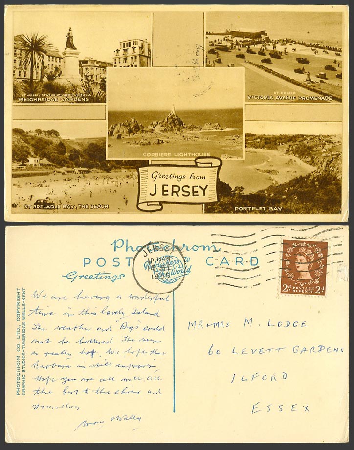 Jersey 1956 Old Postcard St Helier Weighbridge Gardens Queen Victoria Statue etc