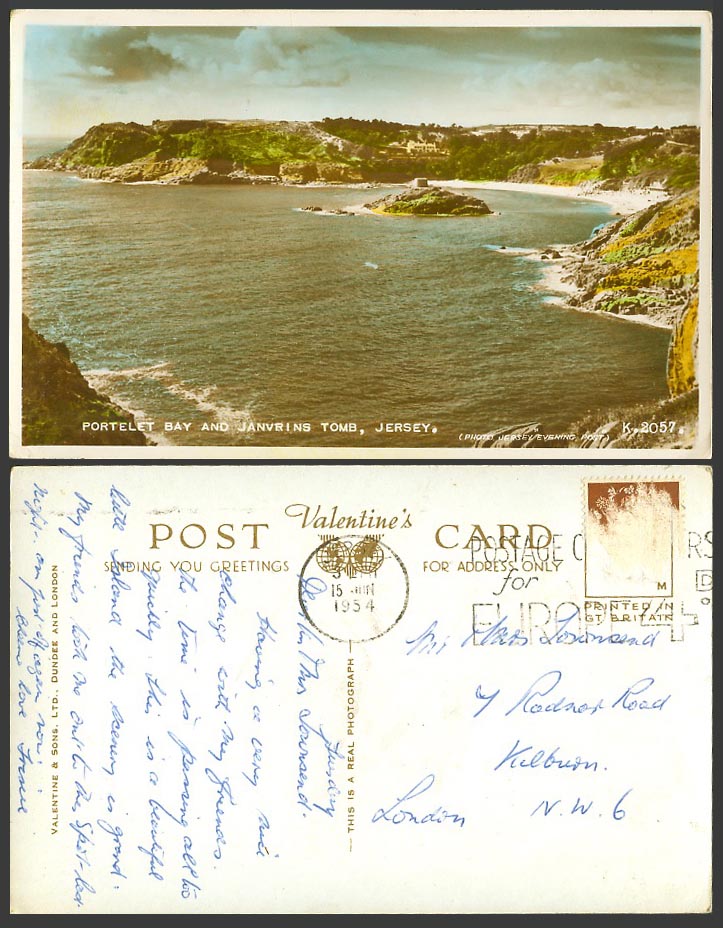 Jersey 1954 Old Postcard Portelet Bay & Janvrin's Tomb Photo Jersey Evening Post