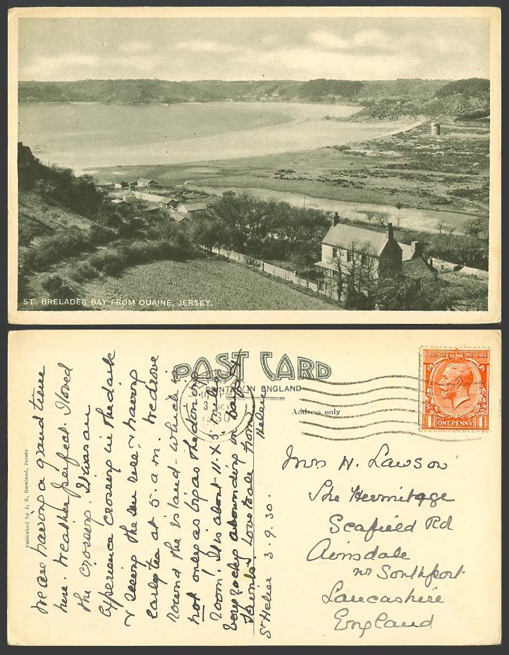 Jersey 1930 Old Postcard St. Brelade's Bay from Ouaine, Beach Street Round Tower
