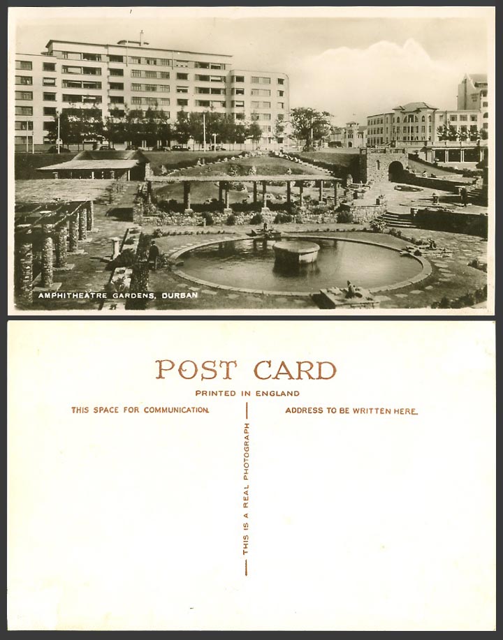 South Africa Old Postcard Amphitheatre Gardens Durban, Garden Fountain Pond Lake