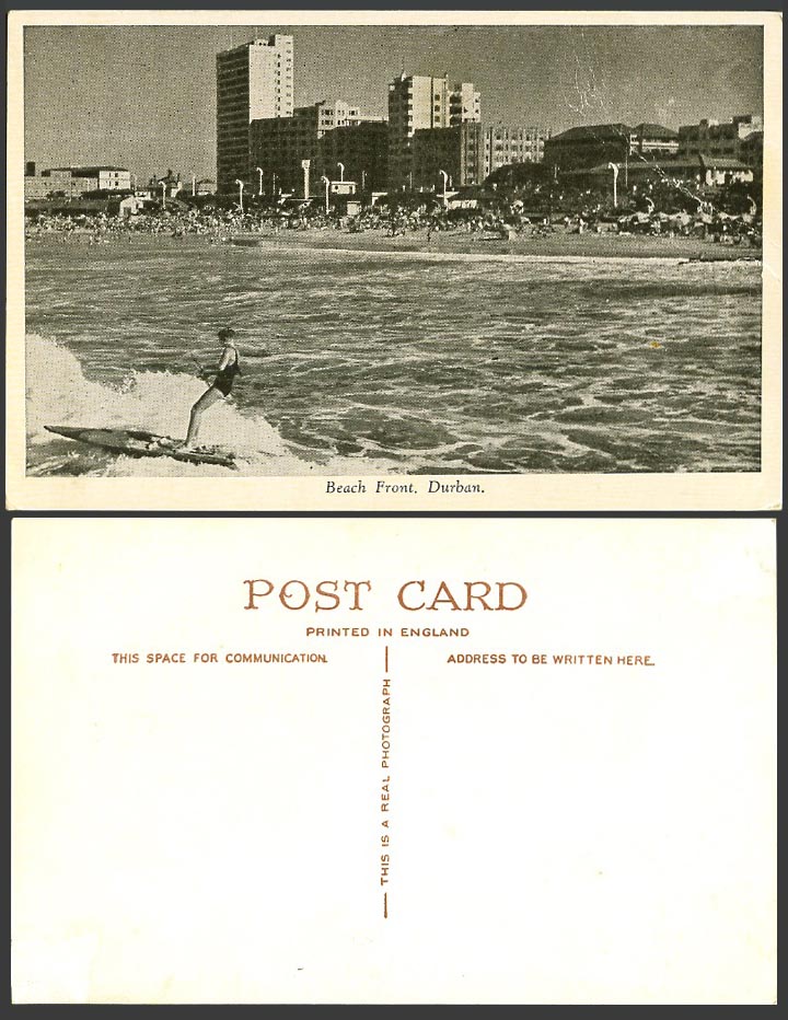 South Africa Old Postcard Durban Beach Front, Surfing Surfer on Surfboard Sports