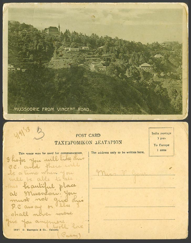 India 1913 Old Postcard Mussoorie from Vincent Road Panorama General View N.1636