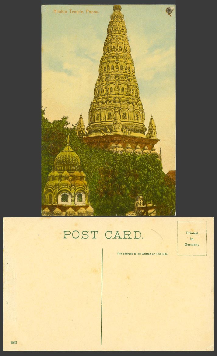 India Old Colour Postcard Hindu Hindoo Temple, Poona Pune, Pagoda Tower No. 1067