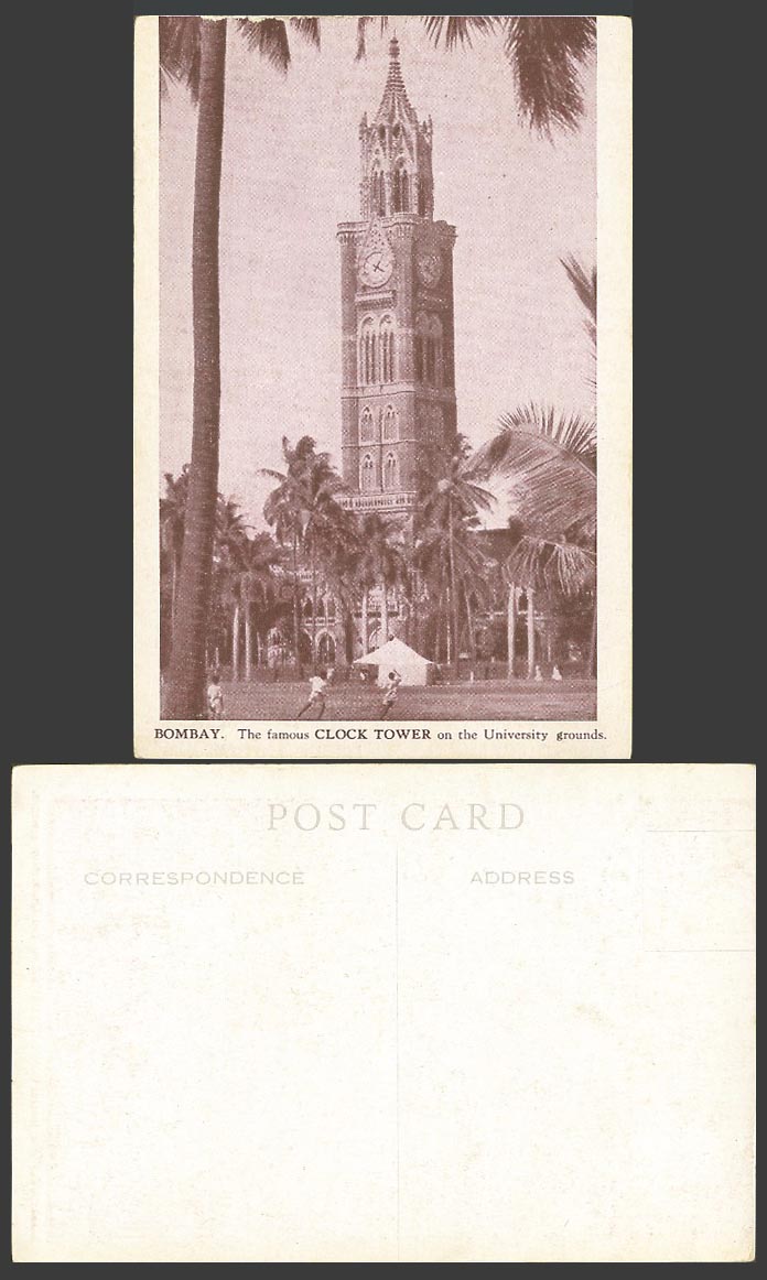 India Old Postcard Bombay Famous Clock Tower on University Grounds, School Trees