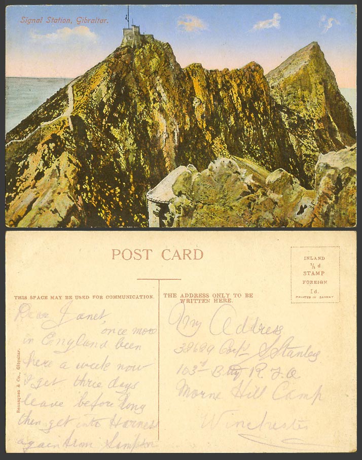 Gibraltar Old Colour Postcard Signal Station on Summit Peak Rock Rocks Mountains